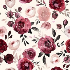 Wall Mural - Watercolor blush pink and burgundy floral pattern 