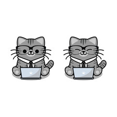 Wall Mural - Cute tabby cat gray color with tie and glasses working on a laptop cartoon, vector illustration