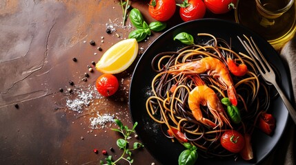 Wall Mural - Pasta. Fresh seafood pasta. Seafood spaghetti pasta.Pasta with seafood. spaghetti with seafood. sea food. seafood. Italian Food Concept with Copy Space.