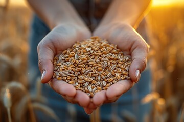 two hands holding a quantity of wheat seeds against a blurred background of wheat field