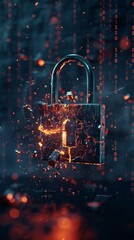 Wall Mural - Exploding padlock with digital background, cybersecurity concept
