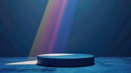 Wall Mural - Empty navy display podium with rainbow light ray and reflections on minimal dark blue navy background, show stage pedestal for miracle, fantasy successful product curation and display, with copy space