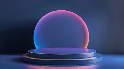 Wall Mural - Empty navy display podium with rainbow light ray and reflections on minimal dark blue navy background, show stage pedestal for miracle, fantasy successful product curation and display, with copy space