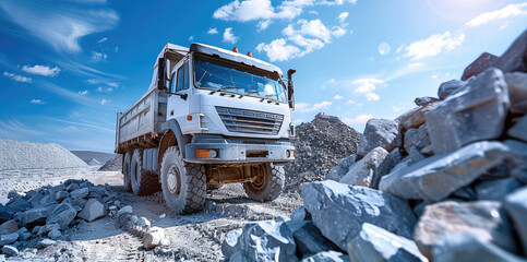 Wall Mural - A white dump truck unloading rocks on top of pile, blue sky background. Generative AI.