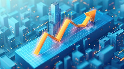Wall Mural - Blue flat illustration of an upward arrow with financial charts and skyscrapers in the background, isometric view, blue gradient color scheme using light blue and yellow colors. Generative AI.