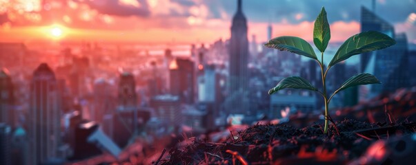 Wall Mural - Young plant growing in cityscape at sunset, urban nature concept