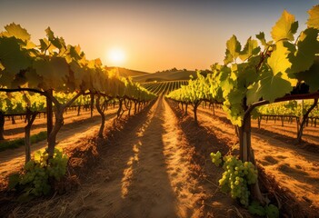Wall Mural - tranquil vineyard serene landscape grapevines morning light, sunrise, peaceful, nature, agriculture, rural, farm, winery, countryside, idyllic, dawn, sun, sky
