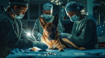 veterinarian , surgeon and his team with  a German shepherd dog  in the operating room