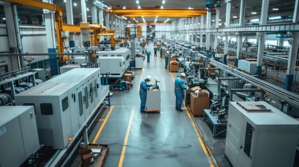 Poster - A factory interior with machines and workers engaged in each stage of the production line. Generative AI.