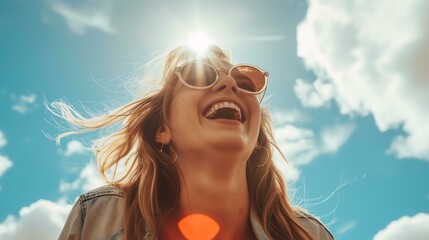 Young beautiful carefree woman with toothy smile wearing sunglasses standing with arms outstretched in the middle of a field enjoying the warm sunligh