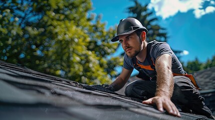 Poster - A professional roofer carefully inspecting a residential roof, detailed shingles, clear blue sky, lush green garden in the background. Generative AI.
