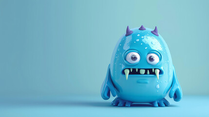 Cute blue monster 3D render. The monster has purple horns and sharp white teeth.