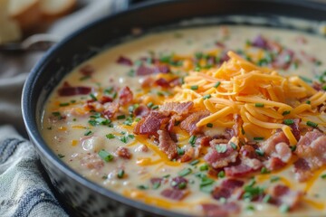 Poster - Close up vertical shot of creamy potato soup with bacon and cheddar cheese in a pan