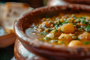 Poster - Closeup photo of a bowl with harira soup a traditional dish from Berber culture in North Africa