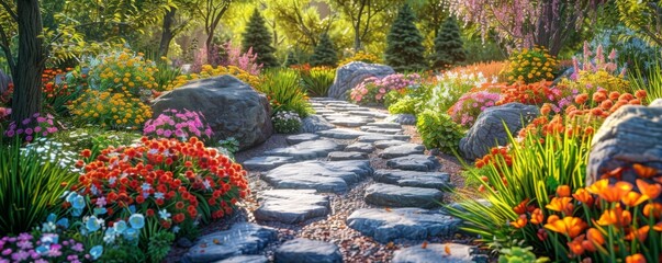 Wall Mural - Blooming garden with a stone pathway