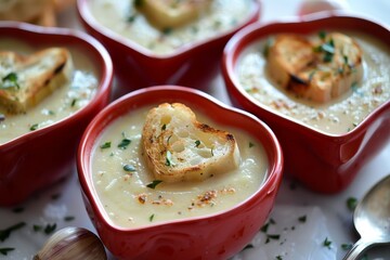 Wall Mural - Creamy hot potato leek soup served with heart shaped bread slices in red bowls