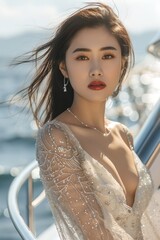 Wall Mural - Close-up portrait of asian woman in elegant dress on a yacht. Summer travel and vacation concept. Traveling and yachting. Fashion and freedom. Young female model 