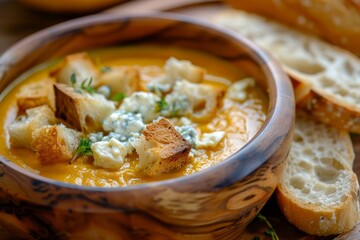 Wall Mural - Curry soup with blue cheese croutons baguette herbs