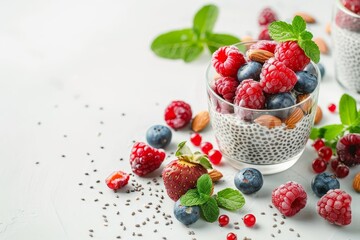 Canvas Print - Delicious chia seed pudding with berries and nuts in a glass on white background