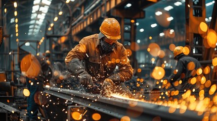 Wall Mural - A shed contains heavy equipment and workers doing heavy work with lots of steel, sparks, and heavy tools. Generative AI.