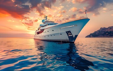 Wall Mural - Luxury yacht at sunset on the open sea. Summer travel and vacation concept. Traveling and yachting. Nautical travel and adventure concept.