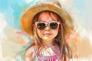 Wall Mural - adorable little girl in trendy sunhat and shades playful summer portrait digital sketch