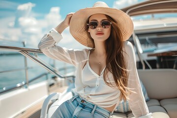 Wall Mural - Young woman in sunglasses posing on luxury yacht. Summer travel and vacation concept. Traveling and yachting. Fashion and freedom. Beautiful young female model