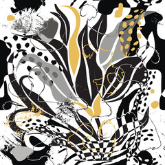 Wall Mural - Floral dirty black white yellow beautiful hand drawn seamless fabric pattern with abstract flowers, leaves, curves, doodle lines, brush strokes. Modern vector  background. Endless grunge texture