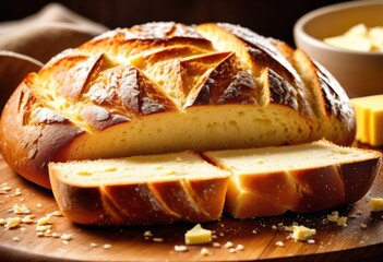 Wall Mural - buttered sliced freshly cut loaf spreading dairy breakfast bakery concept, food, morning, meal, delicious, tasty, baked, golden, crust, soft, texture