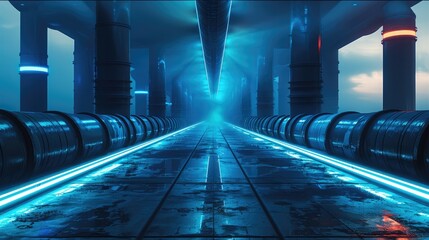Wall Mural - the background is a vast plain with criss-crossing sewage pipes lined with strips of blue led lights