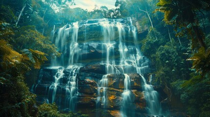 Wall Mural -  A waterfall painted in a forest's heart, surrounded by abundant trees and flourishing plants on both sides