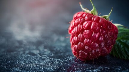  A tight shot of a raspberry against a black background, adorned with water beads at its peak