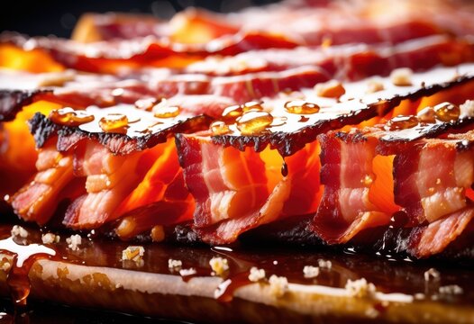 sizzling bacon strip close view crispy texture grease bubbles, pork, fat, cooking, delicious, breakfast, fried, meat, hot, tasty, snack, kitchen, aroma, skillet, meal