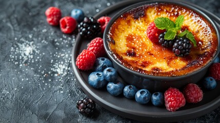 Wall Mural -  A tight shot of a bowl filled with food atop a dark plate Berries and raspberries scatter its surface