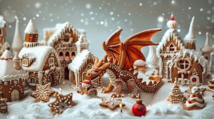 Wall Mural - gingerbread houses lined up, dragon figurine in the foreground