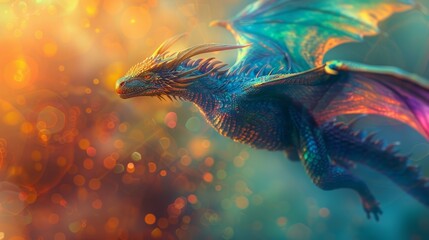 Wall Mural -  A tight shot of a dragon soaring in the sky, illuminated by a beaming bolt of light on its wings