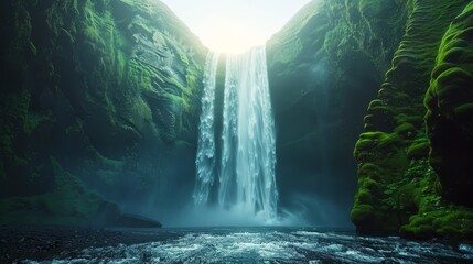 Wall Mural -  A waterfall, centered in a sizable expanse of water, is adorned with lush moss on its surrounding sides