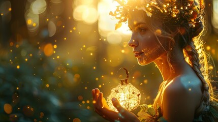 Wall Mural -  A beautiful young woman holds a crystal ball and wears a golden wreath of leaves on her head