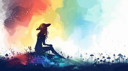 Sticker -  A woman's silhouette in a field against a rainbow-hued sky, with clouds in the foreground