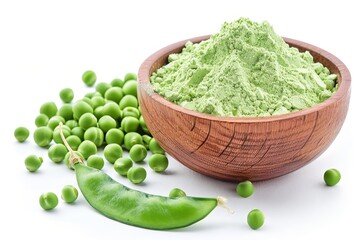 Wall Mural - Green pea protein powder and fresh green peas with seeds in wooden bowl isolated on white