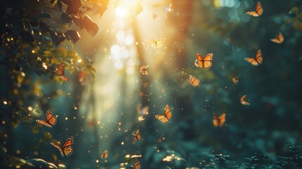 Wall Mural -  A group of butterflies flies above a forest, where green grass sprawls and a radiant sun shines through trees