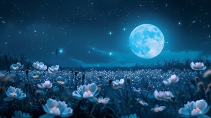 Wall Mural - Full moon in the sky, foreground - a field of white flowers