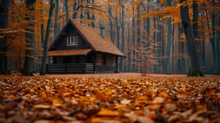 Wall Mural -  A cozy cabin sits amidst a forest, its surroundings blanketed by fallen yellow leaves and towering trees shedding similar hues