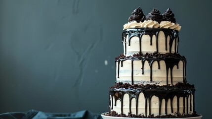 Wall Mural - white frosting covers each layer, chocolate drizzles decorate the top