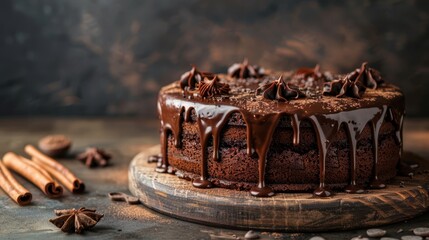 Wall Mural -  A chocolate cake with chocolate icing on a wooden platter Cinnamon and star anise beside it