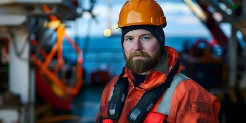 Wall Mural - Man in safety gear and hard hat on offshore oil rig. Concept Offshore Oil Rig, Safety Gear, Hard Hat, Industrial Setting, Man Portrait