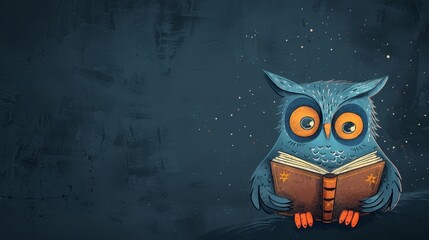 Canvas Print -  A blue owl perched atop a book stack, gazing at an open tome