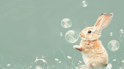 Wall Mural -  A brown-and-white rabbit stands tall on hind legs in a lush grass field, surrounded by bubbles drifting through the air