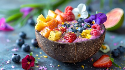 Wall Mural -  A tight shot of a bowl brimming with fruit on a table Flowers adjacent to the bowl add color and charm