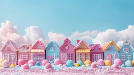 Poster -  A row of beach huts with vibrant eggs in the foreground, beneath a blue sky dotted with fluffy clouds